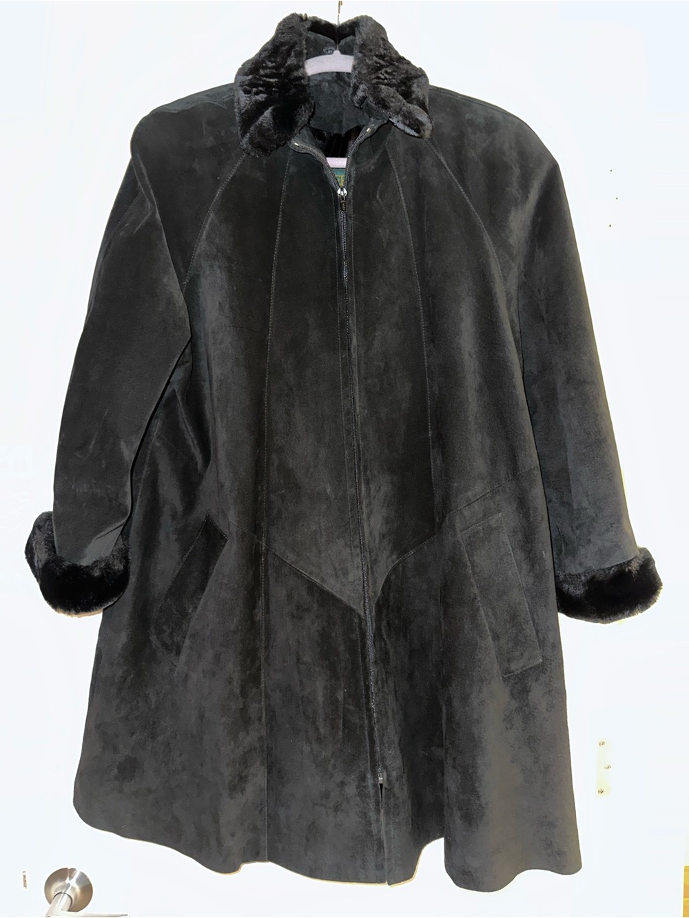 Danier Black Suede Coat with Faux Fur Trim